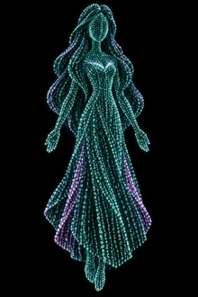 Rhiannon, the teal digital figure made of zeros and ones